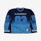 GV Gallery Raspberry Hills blue hockey jersey front with bold 03 numbers and Raspberry varsity chest patch.