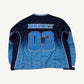 Raspberry Hills blue Legend hockey jersey back with Berry name plate, 03 number and tonal allover monogram.
