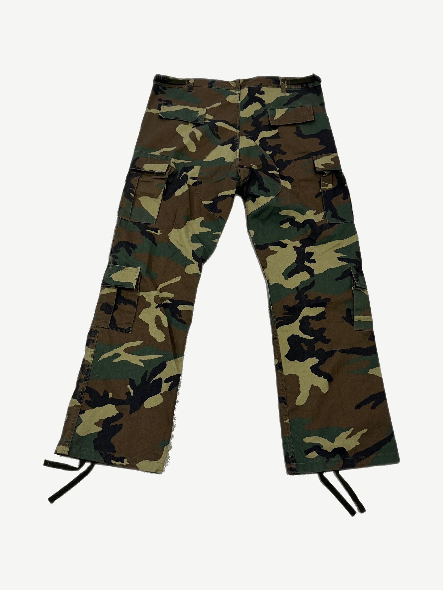 GV Gallery Raspberry Hills camo cargo pants back view with woodland print, cargo pockets and drawstring hem