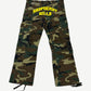 GV Gallery Raspberry Hills woodland camo cargo pants with yellow varsity arch logo print and side pockets