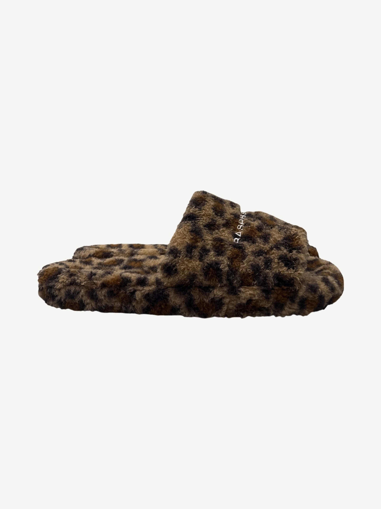 Raspberry Hills cheetah fur slides top down view showing plush cheetah print upper strap pair.