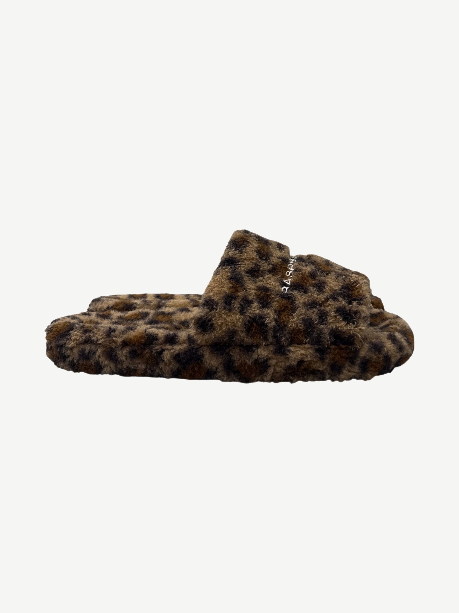 Raspberry Hills cheetah fur slides top down view showing plush cheetah print upper strap pair.