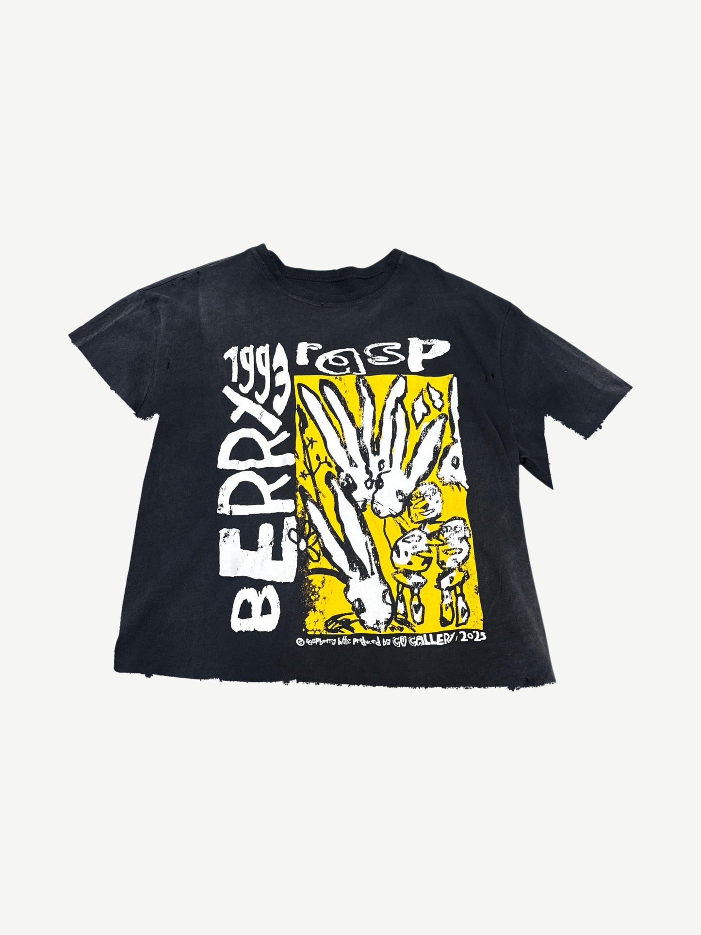 GV Gallery Raspberry Hills Code 77 tee in faded black with distressed yellow rabbit graphic and 1993 print, front view.