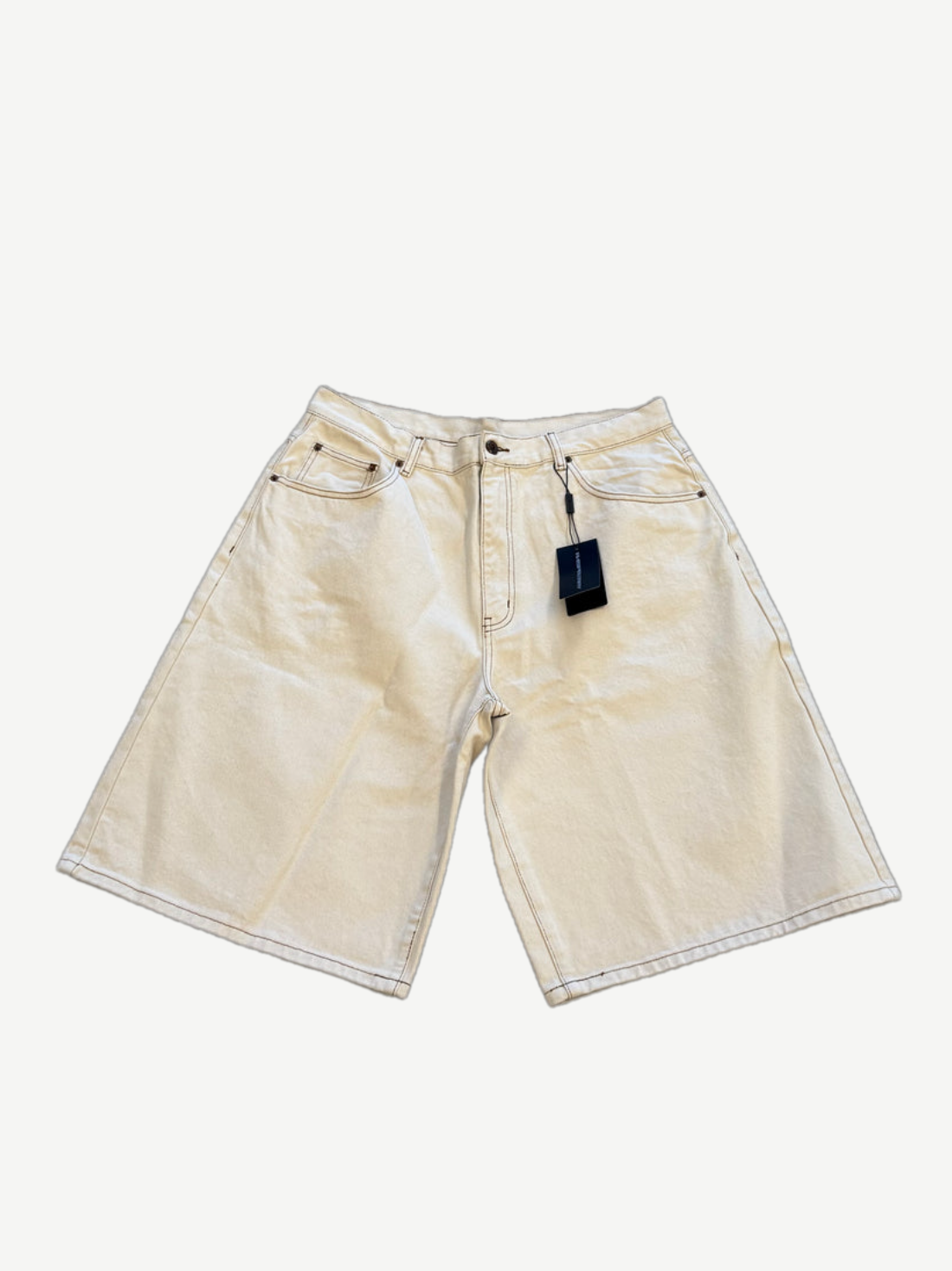 GV Gallery Raspberry Hills cream denim jorts front with branded hang tag and five pocket construction