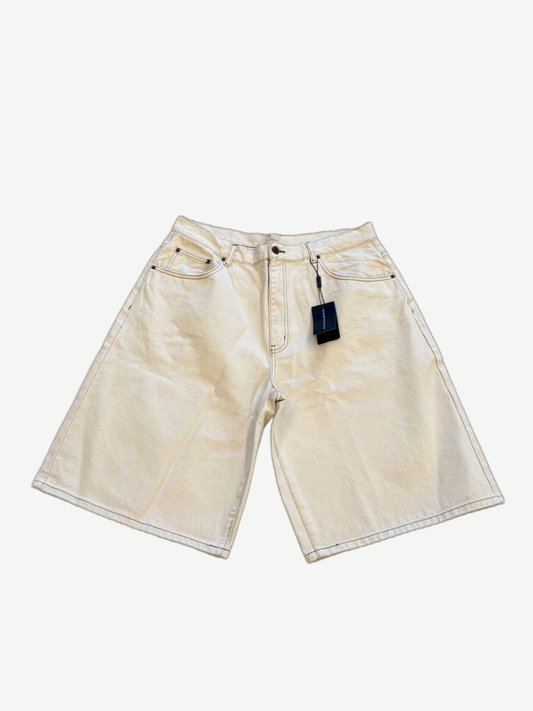 GV Gallery Raspberry Hills cream denim jorts front with branded hang tag and five pocket construction