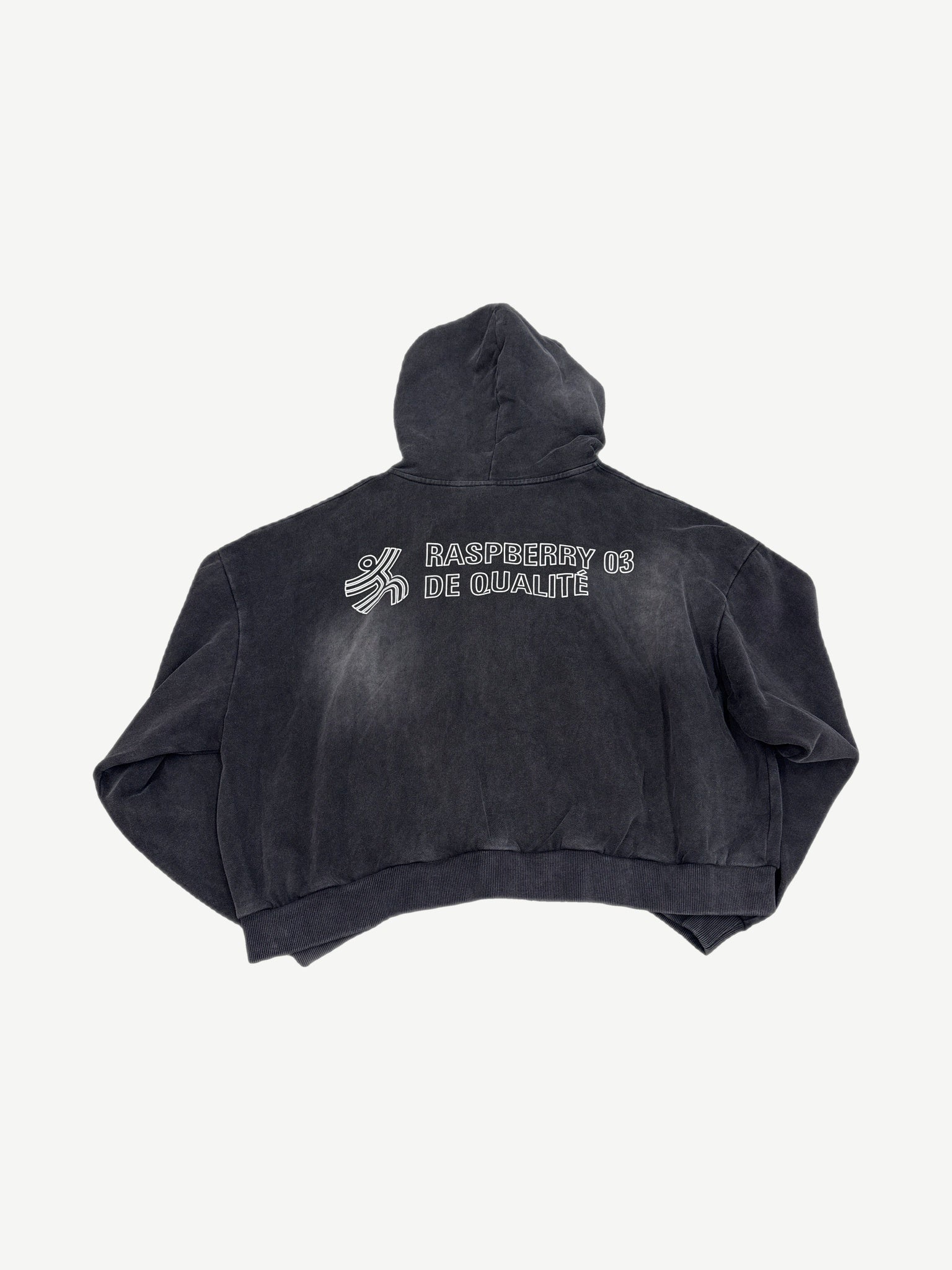 Raspberry Hills Eclair zipup hoodie back view with Raspberry 03 De Qualite print on faded black fleece