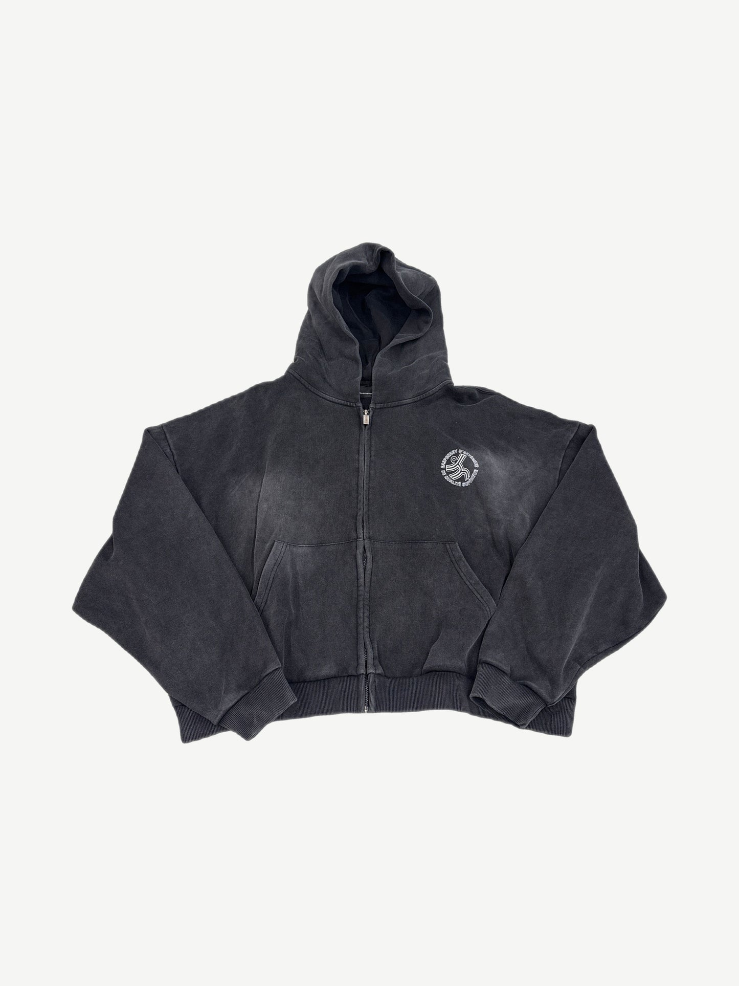 GV Gallery Raspberry Hills Eclair zipup hoodie washed black sun-faded front view with small circle chest logo