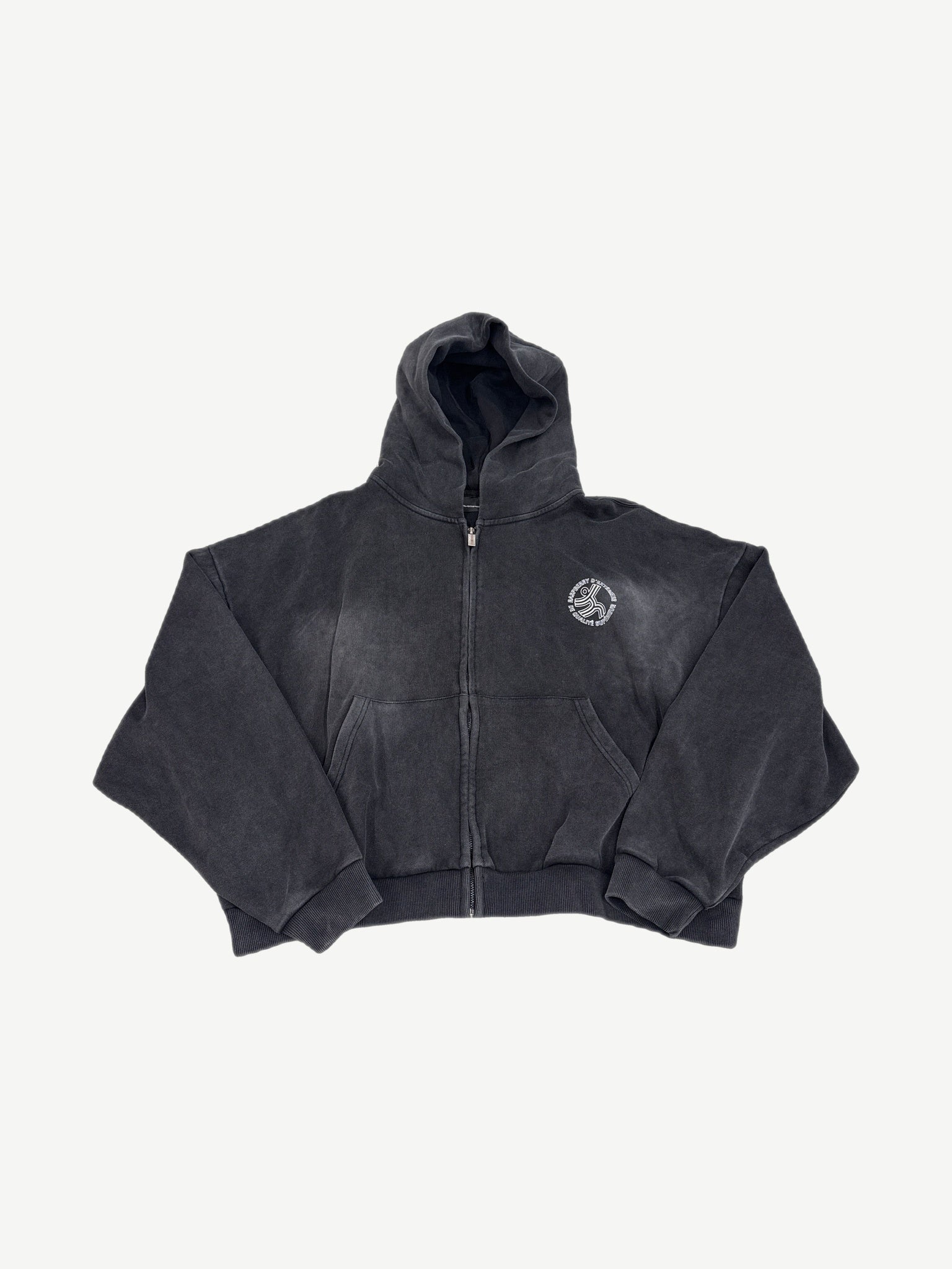 GV Gallery Raspberry Hills Eclair zipup hoodie washed black sun-faded front view with small circle chest logo