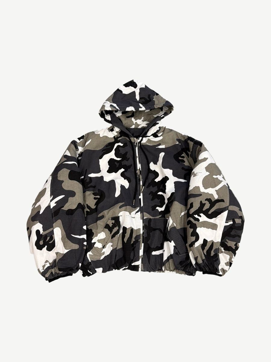 GV Gallery Raspberry Hills Deron jacket front view in ice blue camo print with zip closure and chest patch