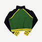 Back of Raspberry Hills cropped Jamaican track jacket showing green panel with yellow striped cuffs and hem.