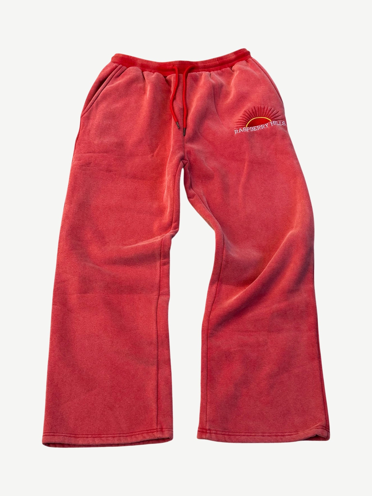 GV Gallery Raspberry Hills faded red flared sweatpants with embroidered sun logo at hip and red drawstring