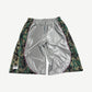 GV Gallery x Raspberry Hills silver camo basketball shorts with mesh side panels, front view.