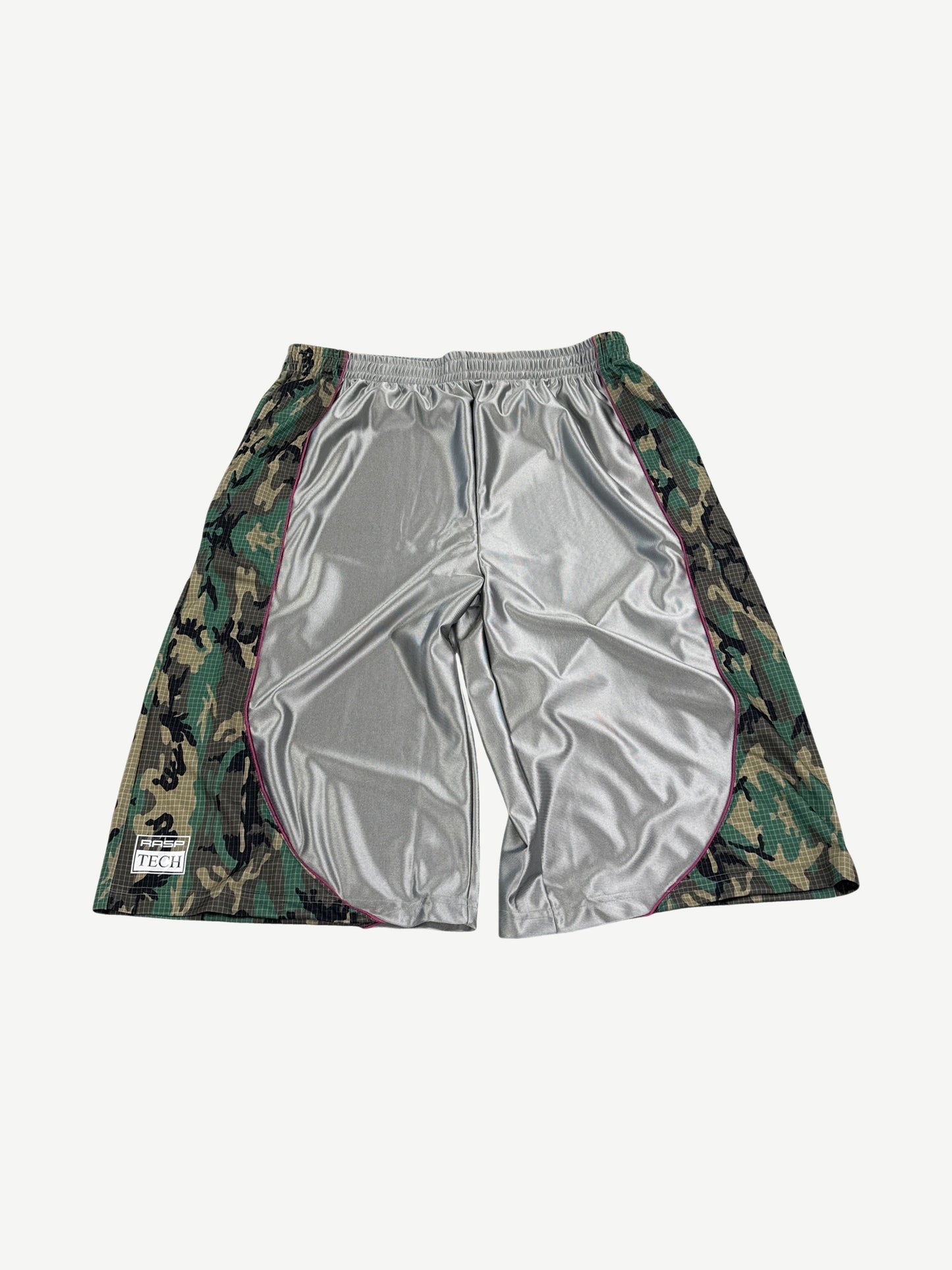 GV Gallery x Raspberry Hills silver camo basketball shorts with mesh side panels, front view.