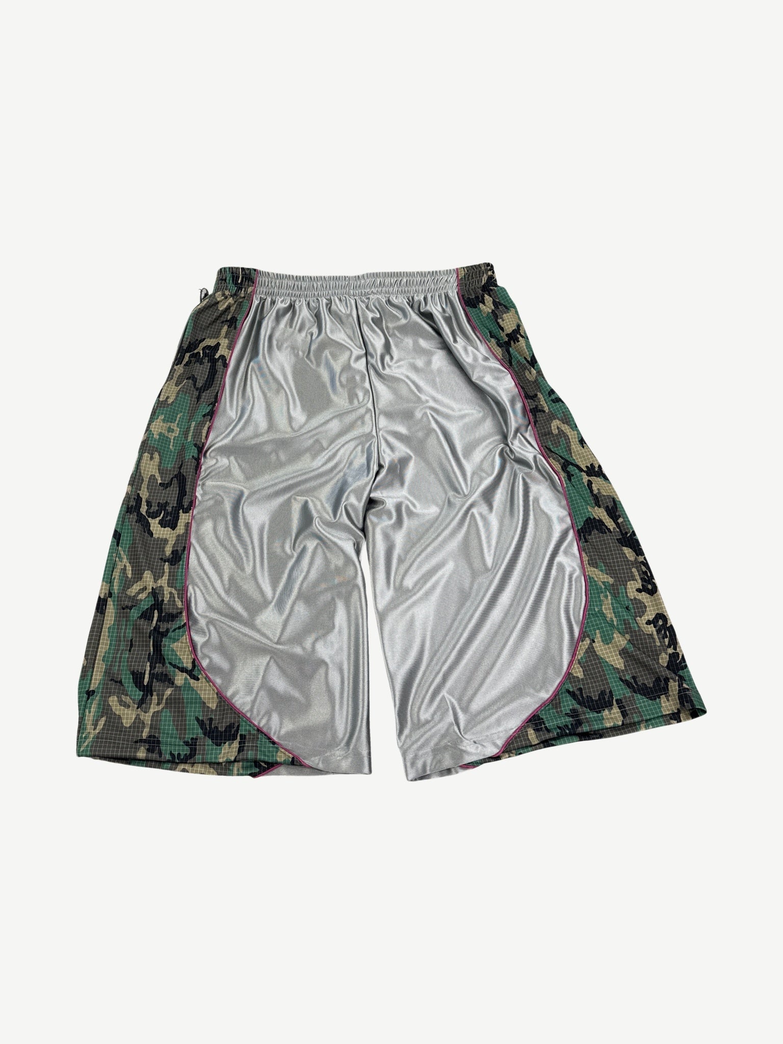 GV Gallery Raspberry Hills silver camo basketball shorts back view with elastic waistband and trim.