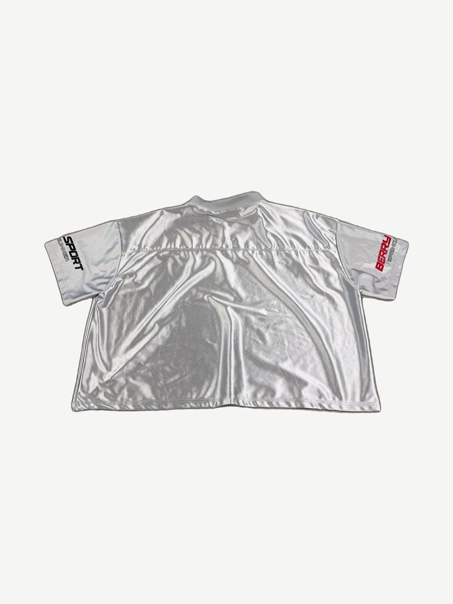 GV Gallery Raspberry Hills silver metallic jersey rear view showing shiny finish and sleeve Berry Sport print