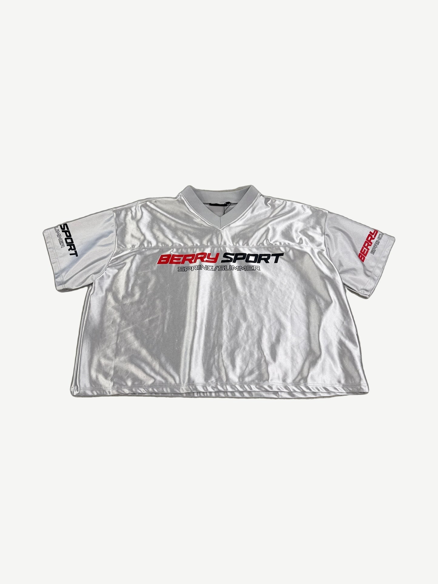 GV Gallery Raspberry Hills silver satin sport jersey front with red Berry Sport Spring Summer chest print
