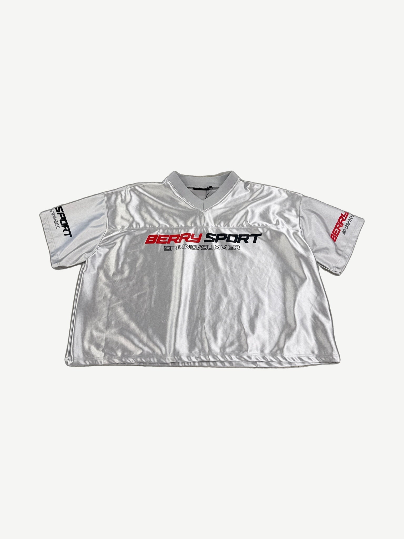 GV Gallery Raspberry Hills silver satin sport jersey front with red Berry Sport Spring Summer chest print