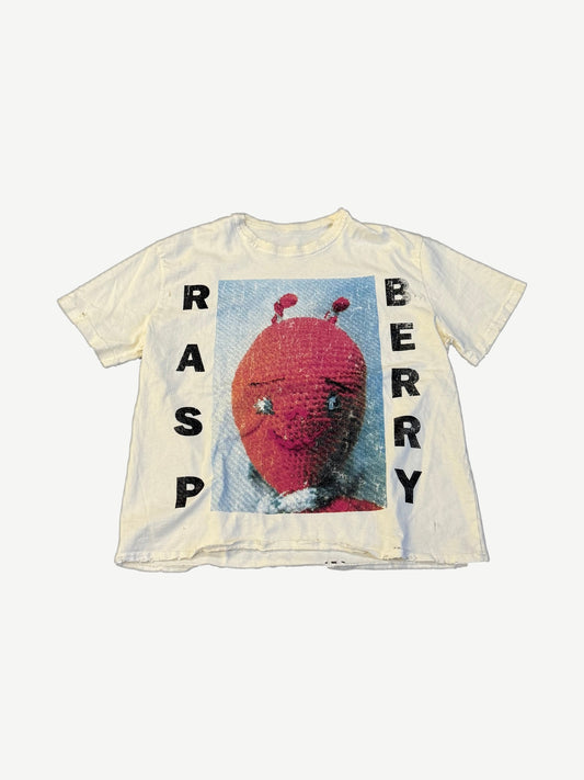 GV Gallery Raspberry Hills Sonic tee front in distressed cream with red raspberry photo and block RASP BERRY type