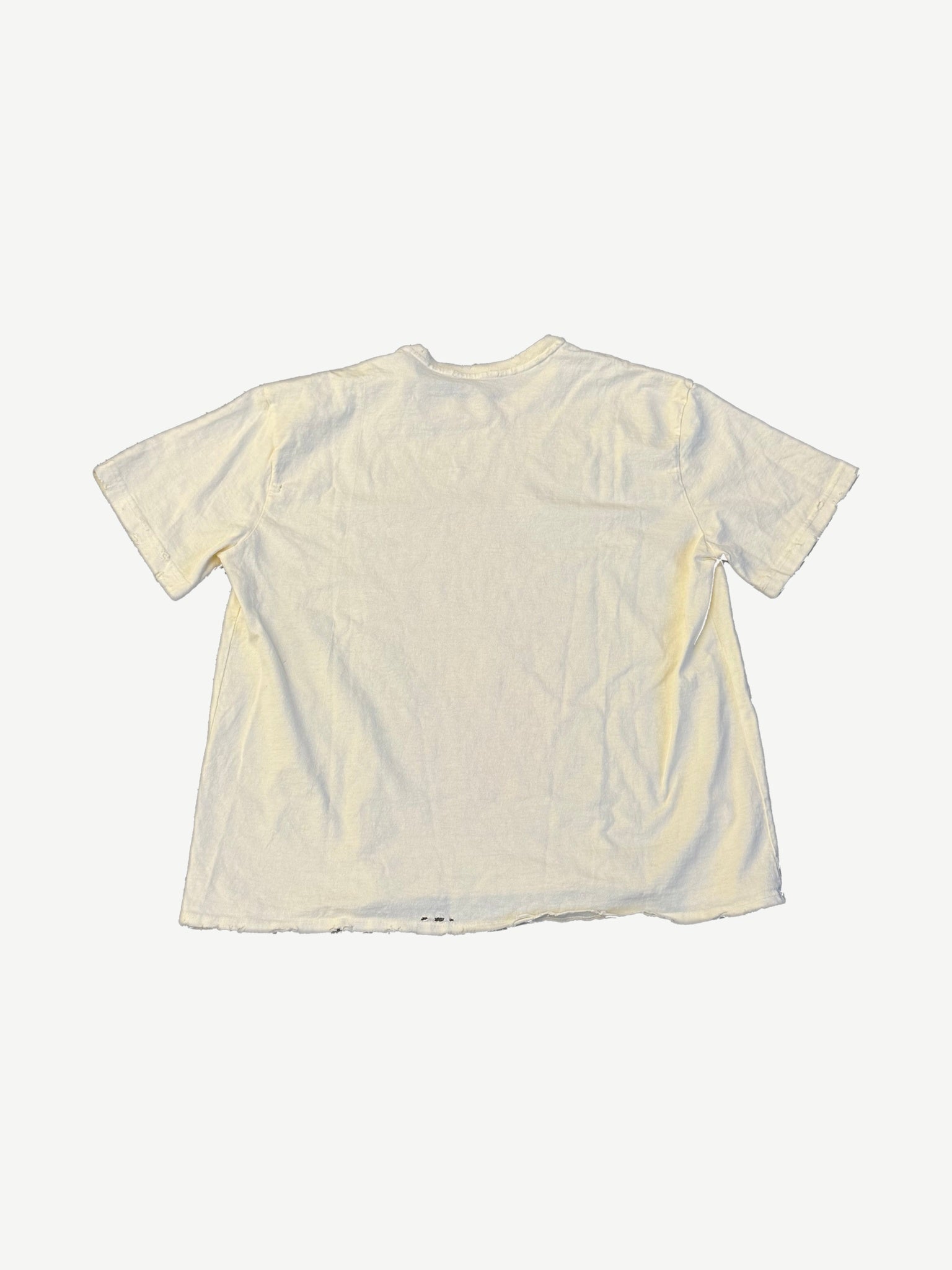 GV Gallery Raspberry Hills Sonic tee back, blank distressed cream cotton with frayed hem and ribbed crew neck