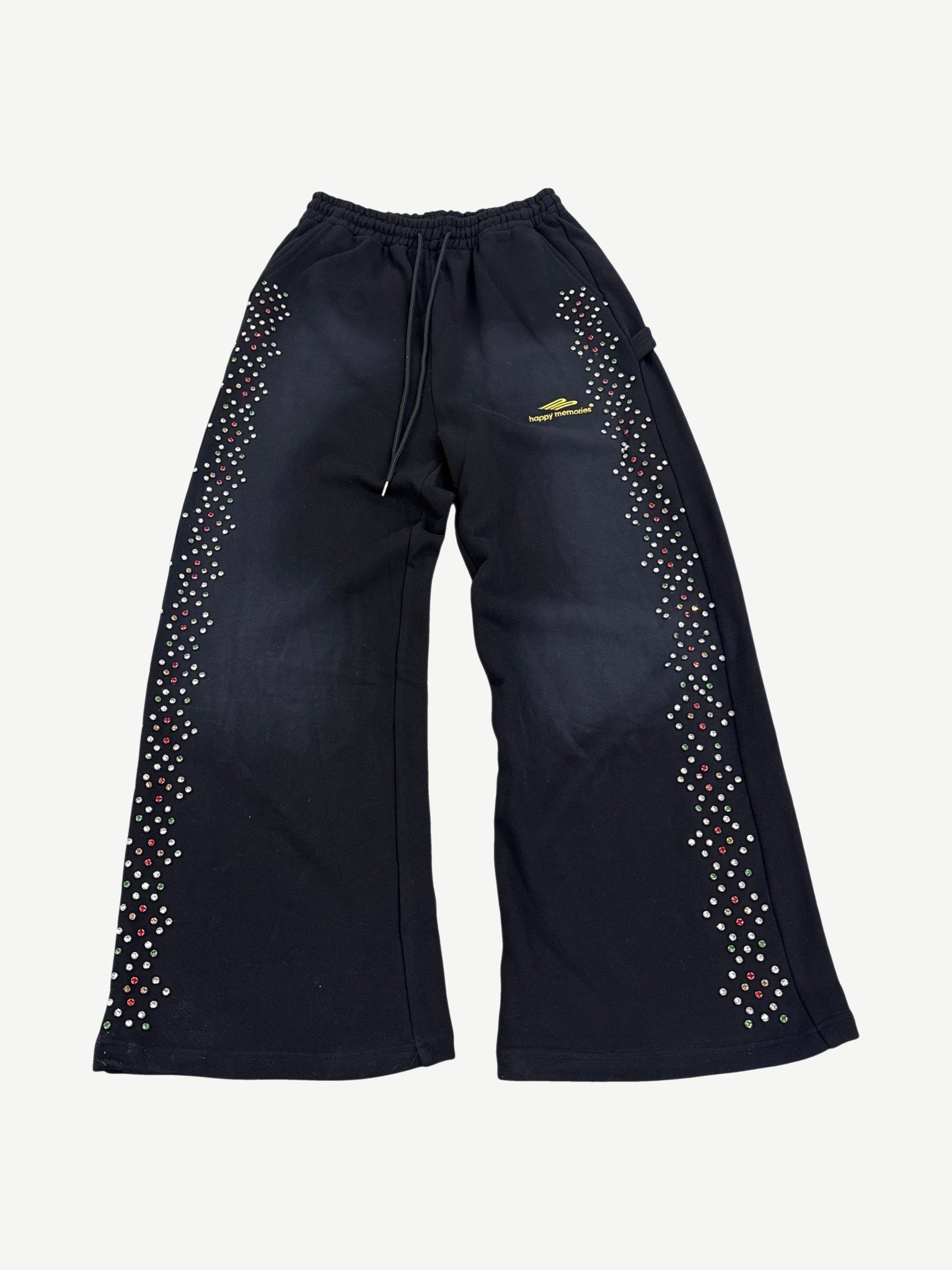 Happy Memories Don't Die HMDD black flared sweatpants with multicolor crystal embellishments along outer legs