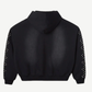 HMDD black crystal zip-up hoodie back view, dense rhinestone embellishment covering the entire body and sleeves.