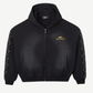 HMDD black zip-up hoodie front with allover crystal rhinestone studding and HMDD chest logo embroidery.