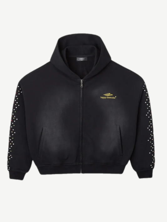 HMDD black zip-up hoodie front with allover crystal rhinestone studding and HMDD chest logo embroidery.