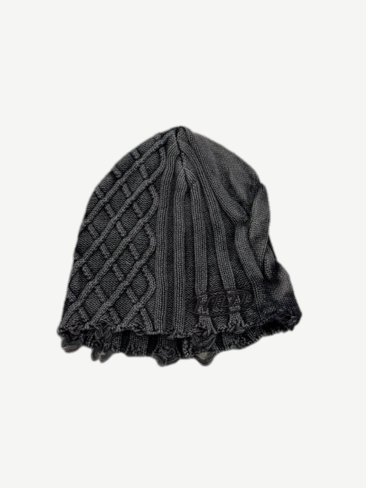 HMDD Happy Memories Don't Die black cable-knit beanie with diamond textured stitch and cuffed rolled brim.