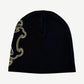 Happy Memories Don't Die HMDD black skater beanie side view, ribbed knit with outlined embroidery edge detail