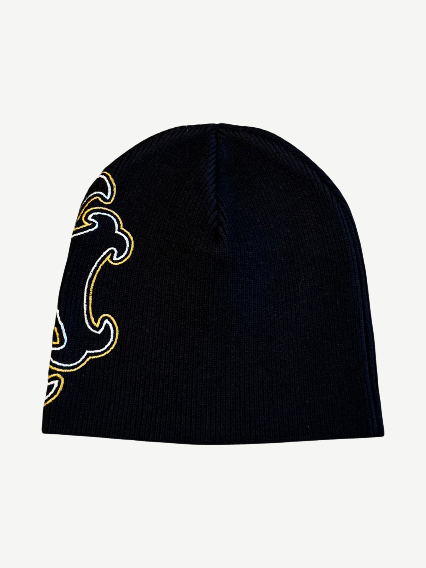 Happy Memories Don't Die HMDD black skater beanie side view, ribbed knit with outlined embroidery edge detail