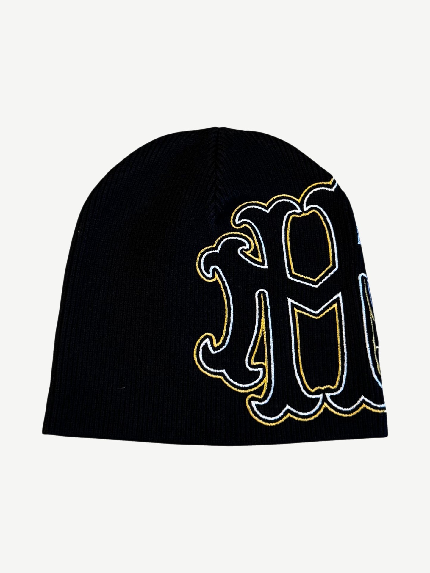 Happy Memories Don't Die HMDD black skater beanie with large gothic outlined embroidery in yellow and white