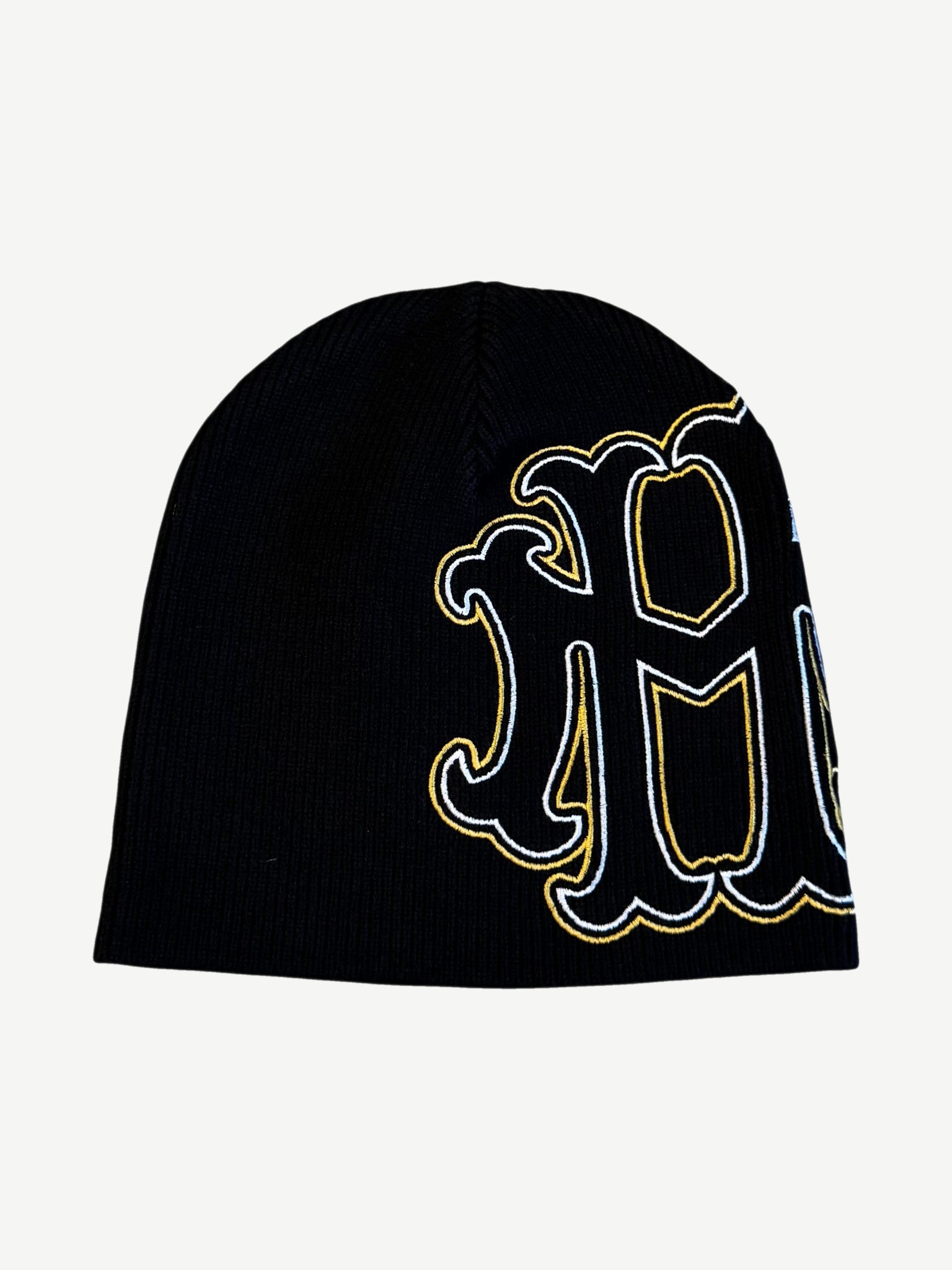 Happy Memories Don't Die HMDD black skater beanie with large gothic outlined embroidery in yellow and white