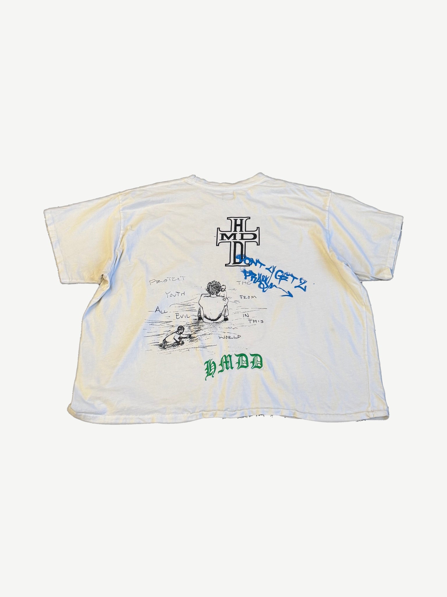 Happy Memories Don't Die HMDD tee back with cross logo, beach sketch graphic and blue spray-paint detail