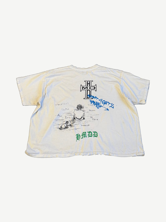 Happy Memories Don't Die HMDD tee back with cross logo, beach sketch graphic and blue spray-paint detail
