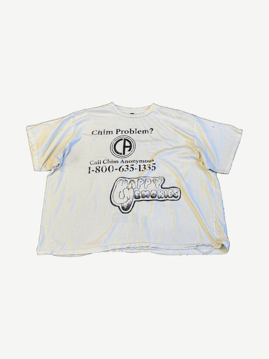 Happy Memories Don't Die distressed white tee front with Chim Problem hotline parody print and bubble logo