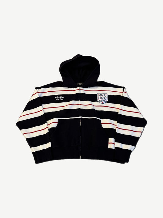 HMDD Happy Memories Don't Die England zipup back view with red white black striped panels.