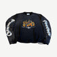 HMDD black longsleeve with flaming Ghost Rider chopper graphic on chest and gothic script down sleeves