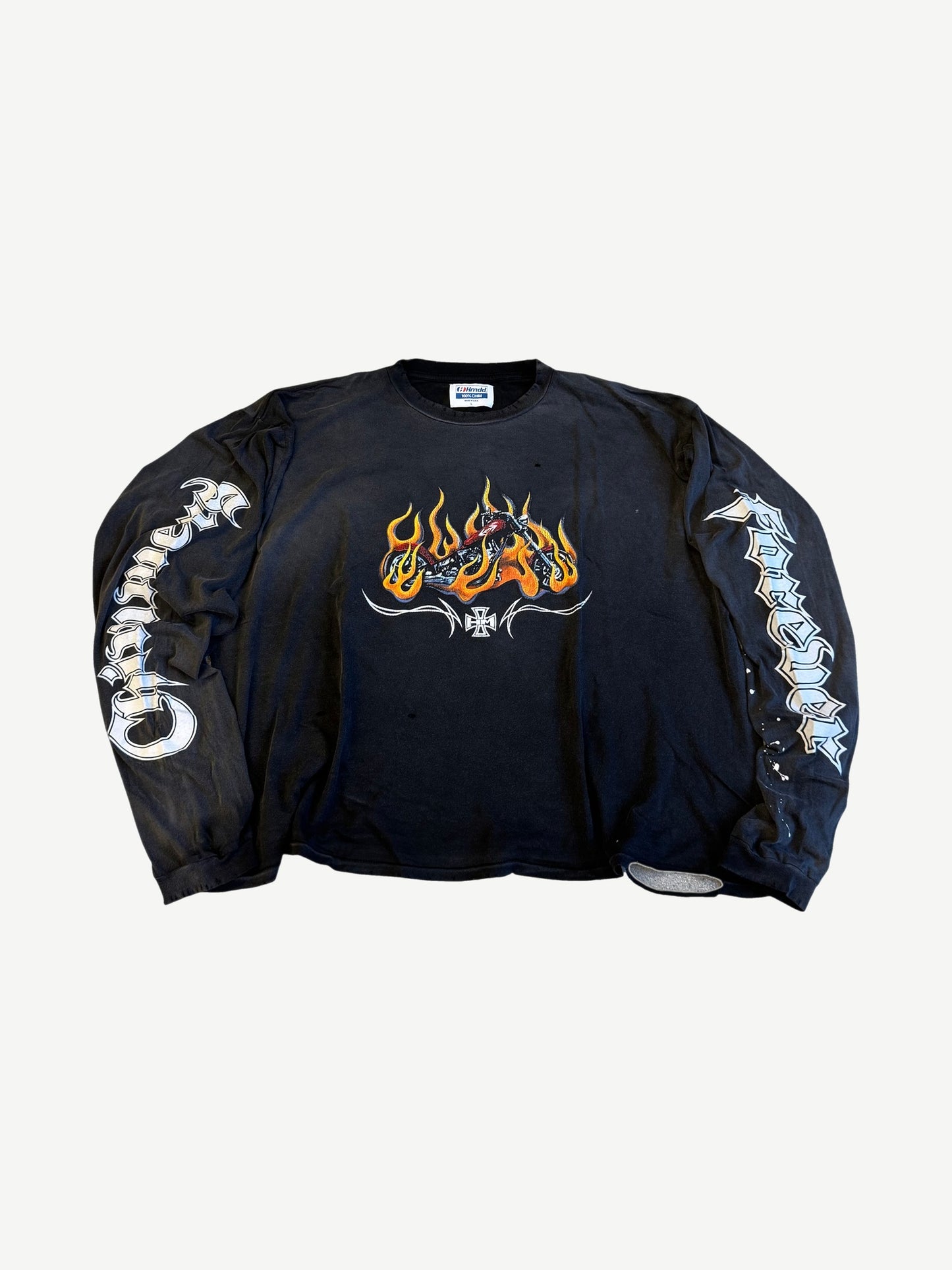 HMDD black longsleeve with flaming Ghost Rider chopper graphic on chest and gothic script down sleeves