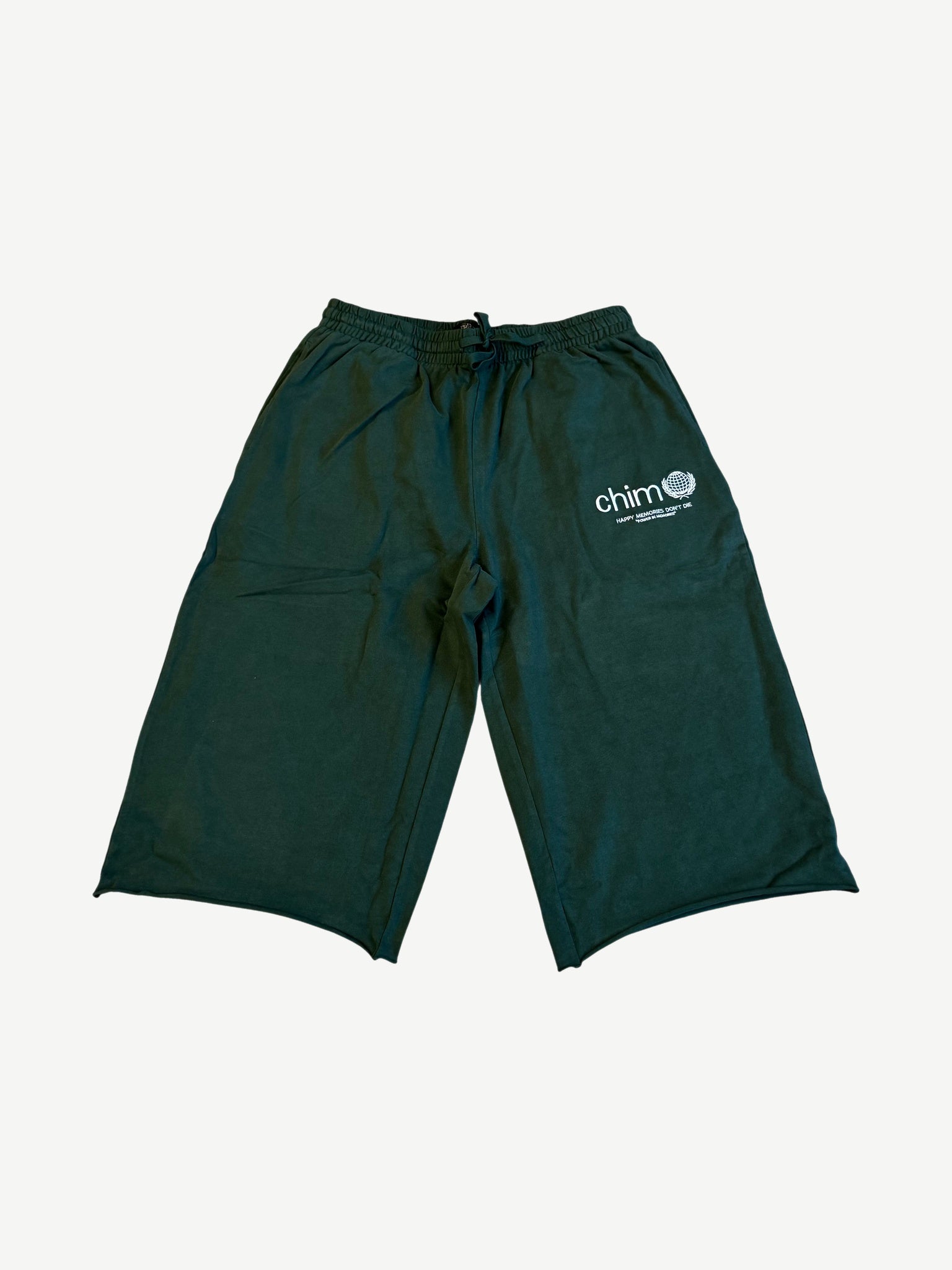 Happy Memories Don't Die forest green long 3/4 sweat shorts with chim globe logo and drawstring waistband