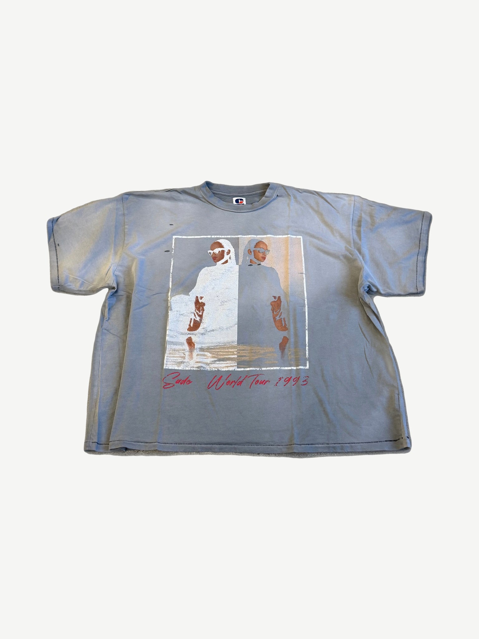 HMDD washed blue Champion tee with Sade World Tour 1993 photo print and red script signature