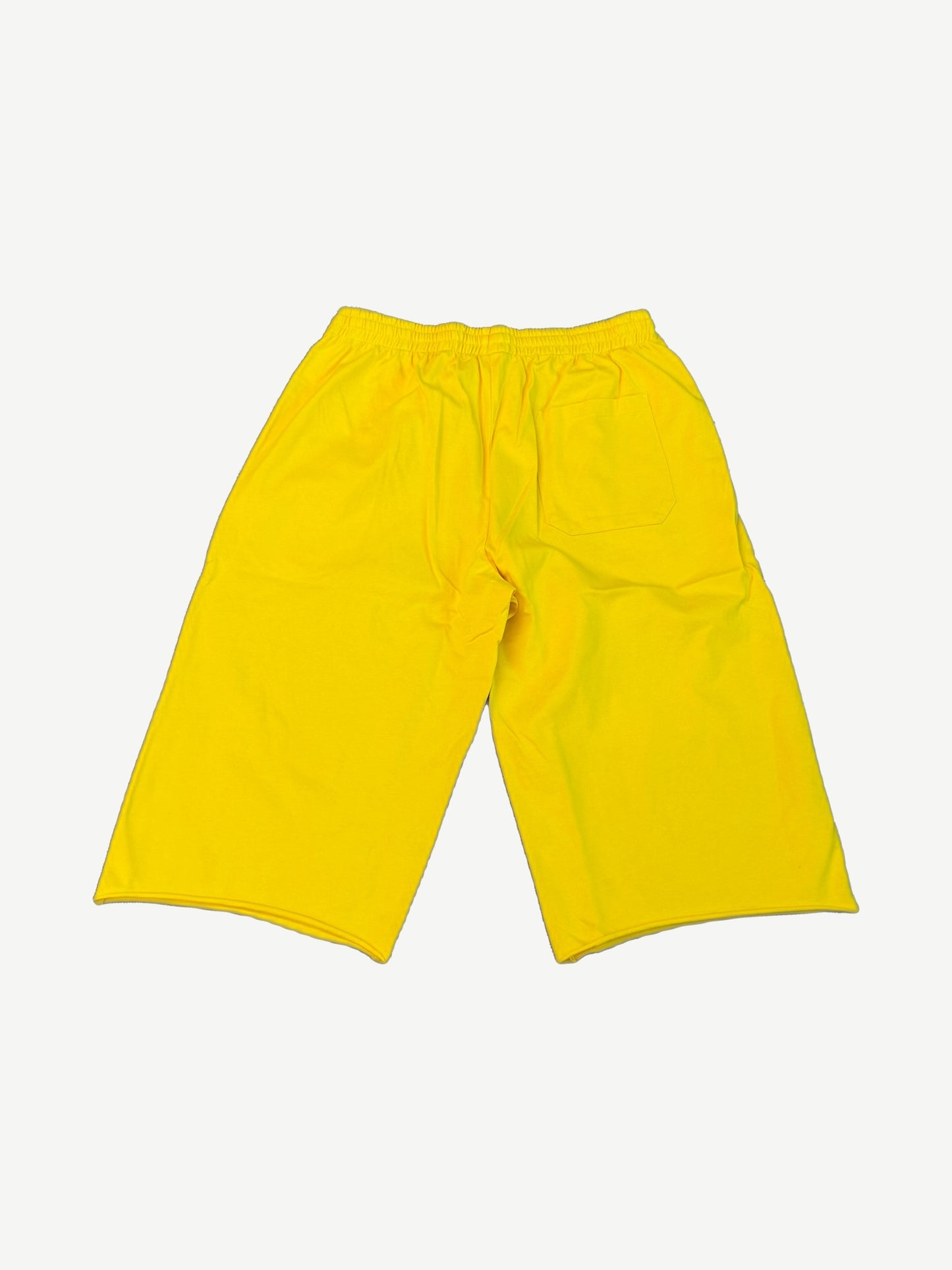 HMDD yellow Program long shorts back view with elastic waistband and rear patch pocket on bright yellow fleece.