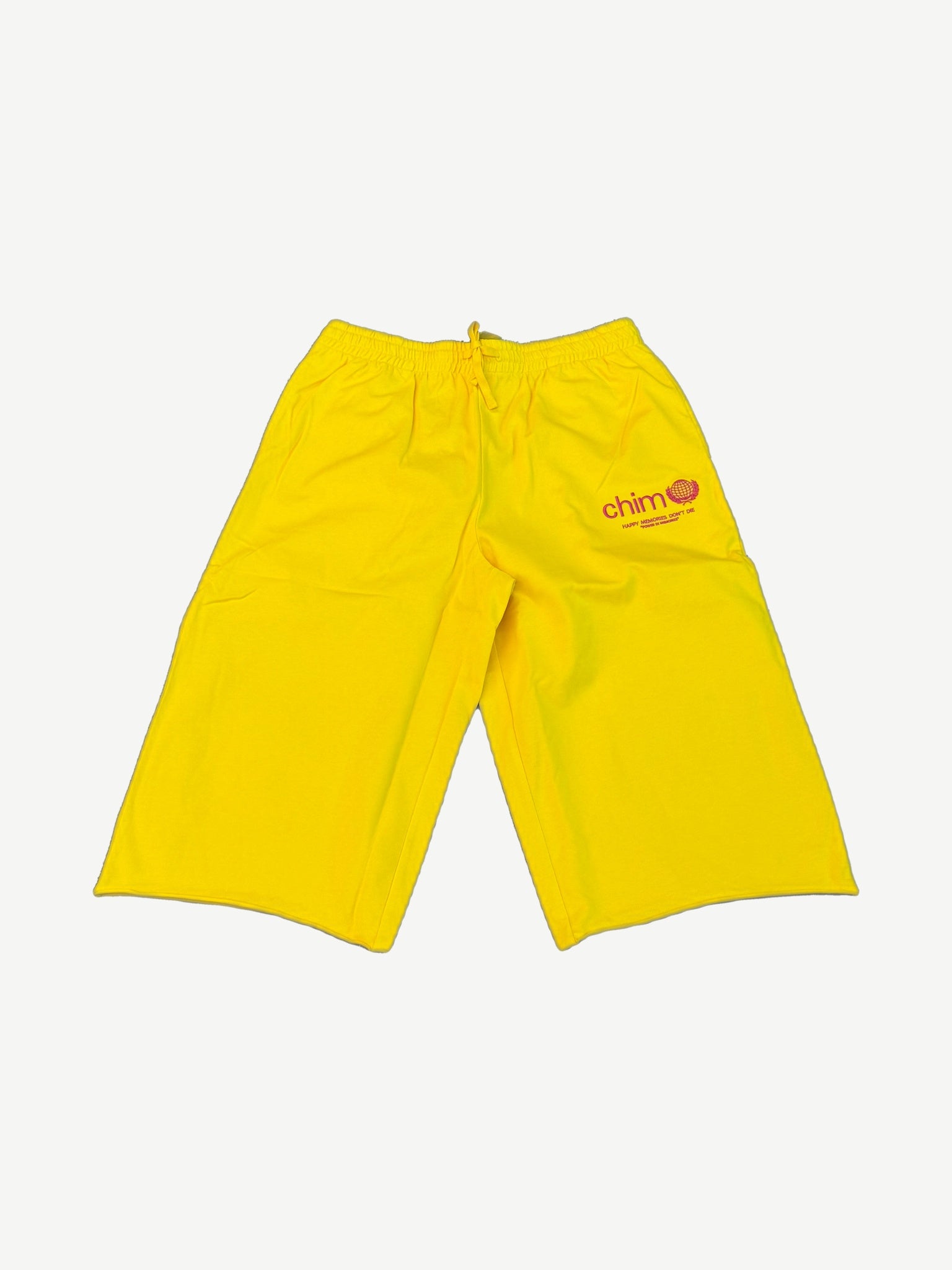 HMDD Program yellow long sweat shorts front with pink chim globe logo and drawcord elastic waistband.