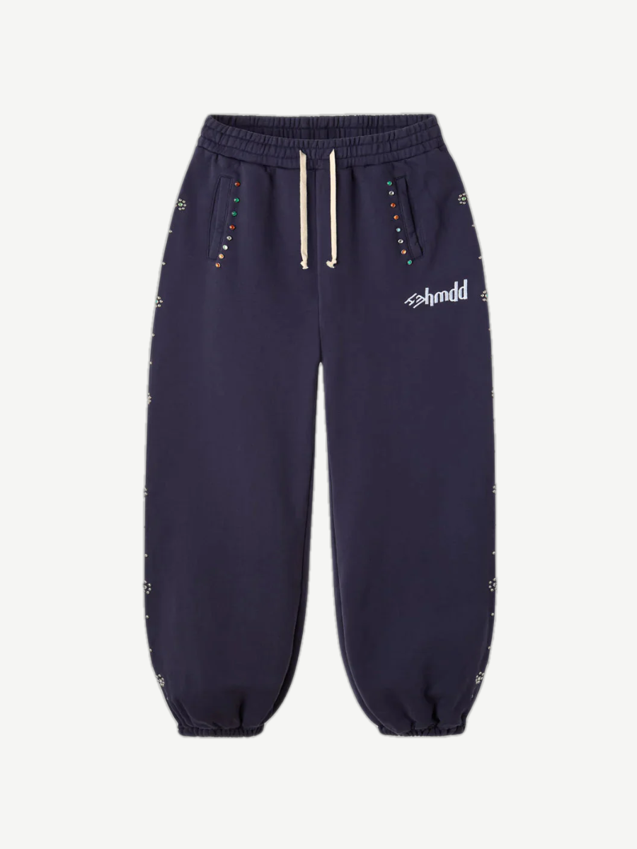 Happy Memories Don't Die navy sweatpants with multicolor stud flowers along pockets and side seams, hmdd logo