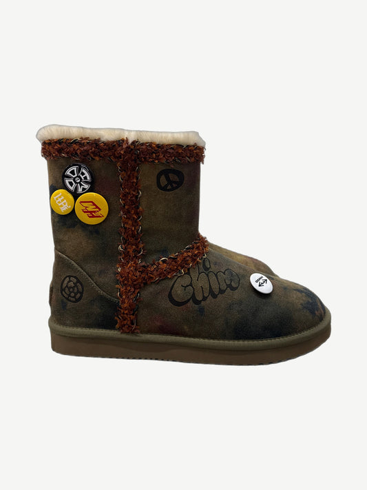 Happy Memories Don't Die graffiti boots with hand-tagged scribble print on white leather upper.