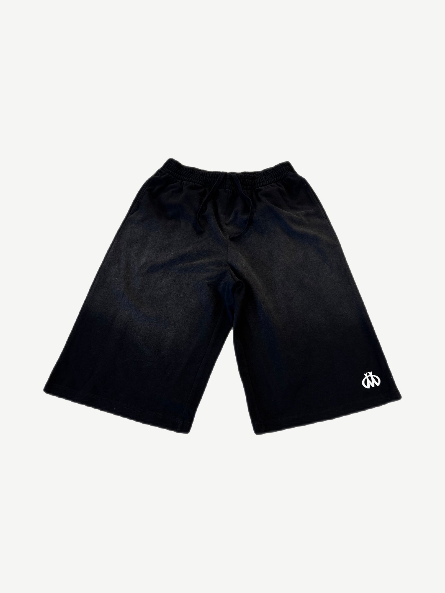 Happy Memories Don't Die black sweat shorts front with drawstring waist and small white HMDD leg logo