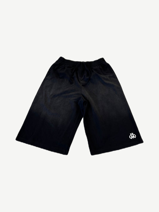 Happy Memories Don't Die black sweat shorts front with drawstring waist and small white HMDD leg logo