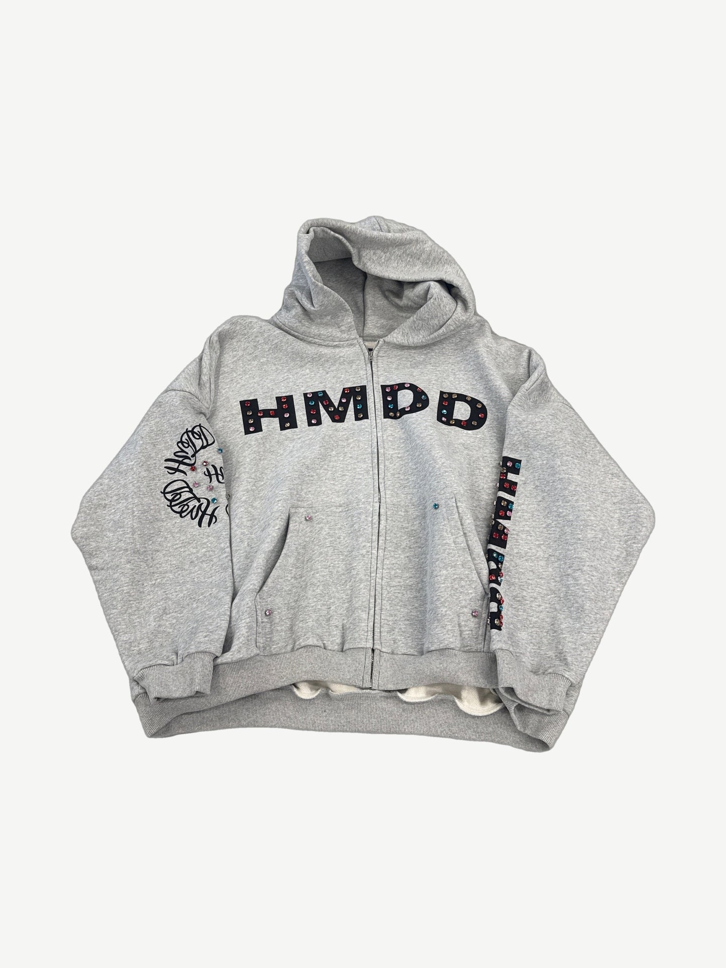 Happy Memories Don't Die HMDD heather gray full-zip hoodie with rhinestone embellished black chest logo and sleeves