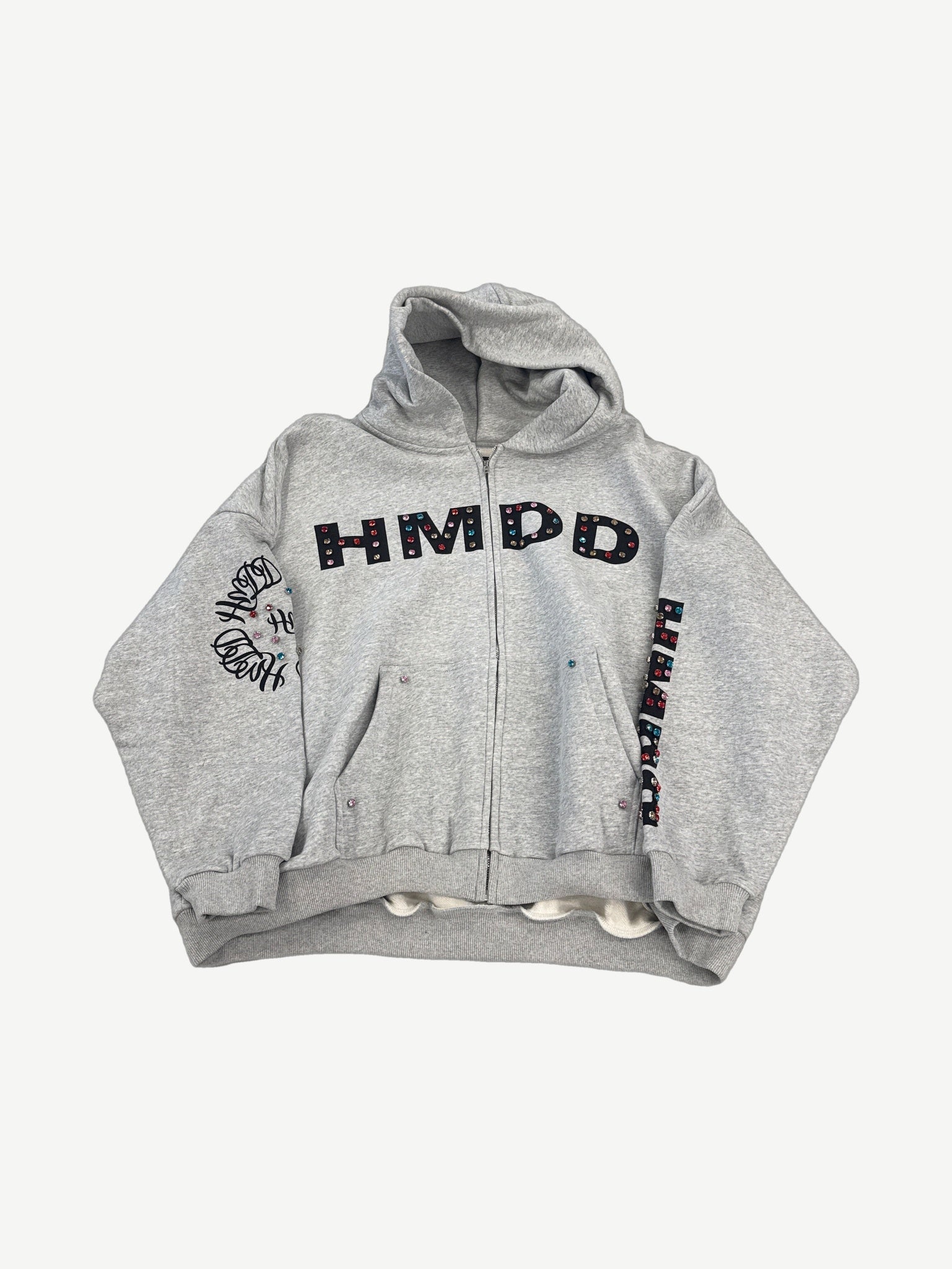 Happy Memories Don't Die HMDD heather gray full-zip hoodie with rhinestone embellished black chest logo and sleeves