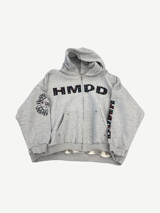 Happy Memories Don't Die HMDD heather gray full-zip hoodie with rhinestone embellished black chest logo and sleeves