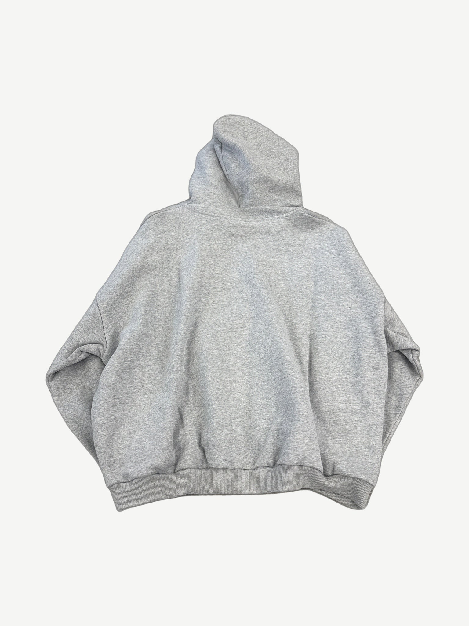 HMDD gray Chimstone zipup hoodie back view in heather gray fleece with oversized fit and ribbed hem